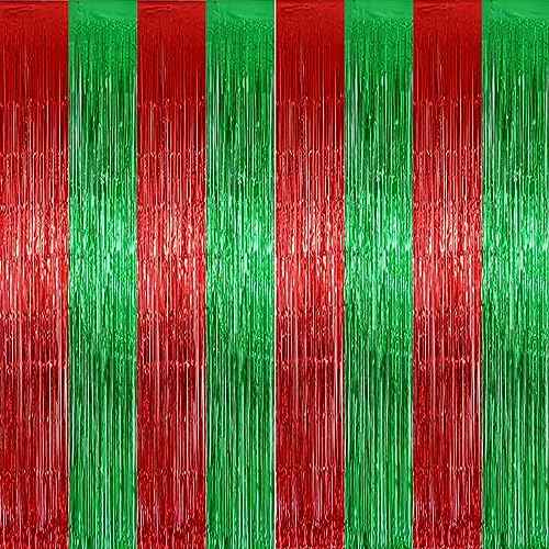 2 Pack 3.2ft x 9.8ft Christmas Metallic Foil Fringe Curtain, Red Green Tinsel Curtains Streamer Large Party Photo Booth Props Backdrops for Happy New Year Birthday Wall Door Indoor Outdoor Decorations