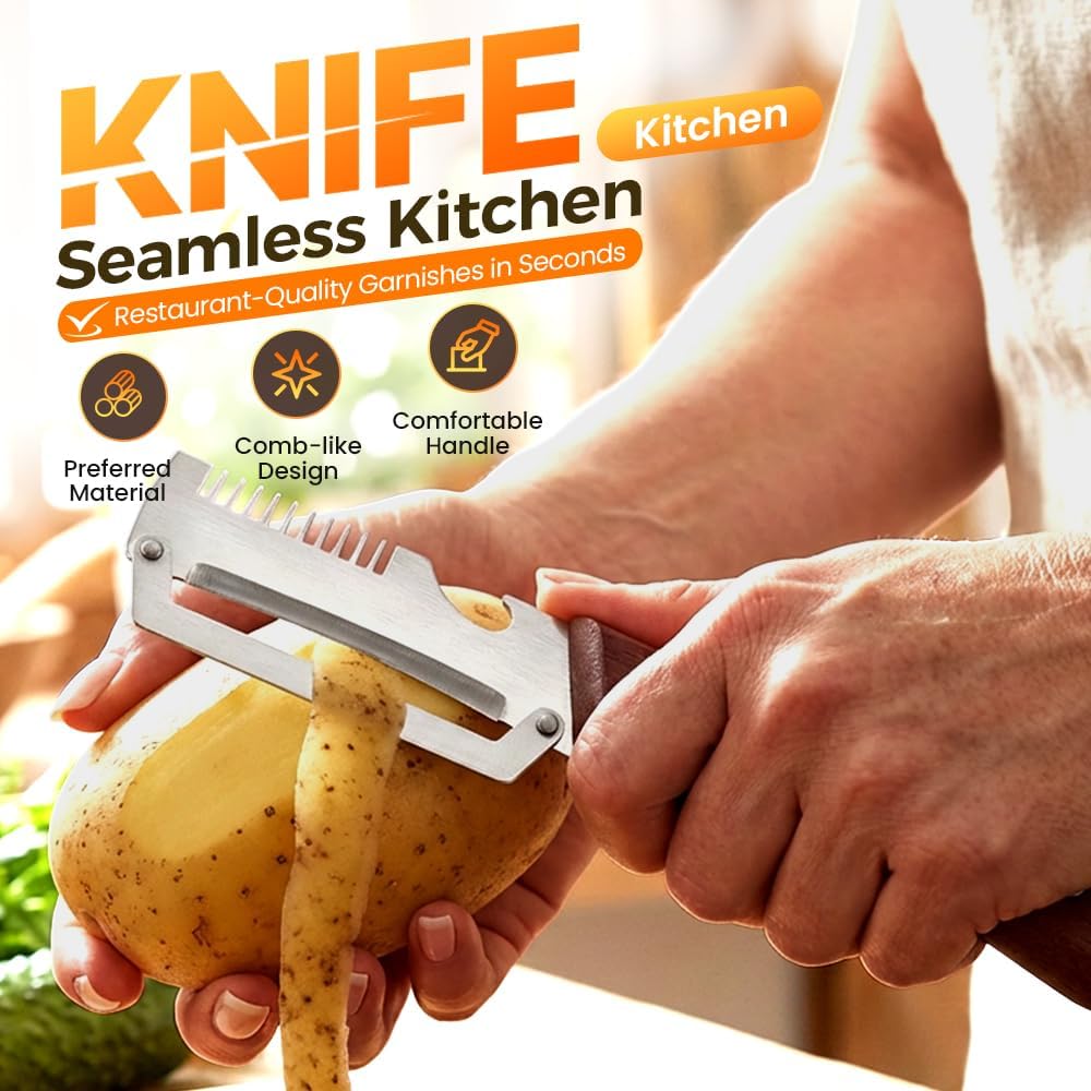 Skiennix Multi-Functional Vegetable Peeler - Stainless Steel with Wooden Handle | Ideal for Fruits & Scallions