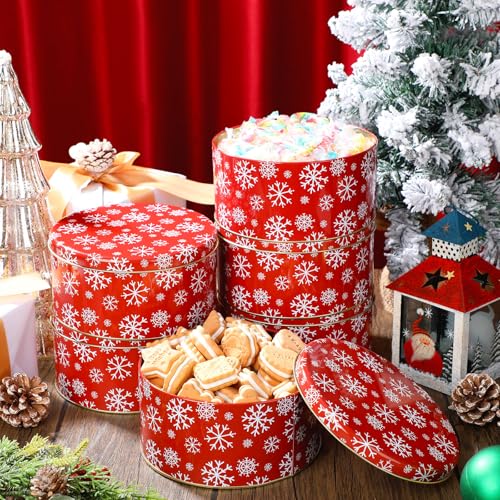 6 Pack Christmas Metal Cookie Tins with Snowflake Lids, 7 Inch Round Storage Containers