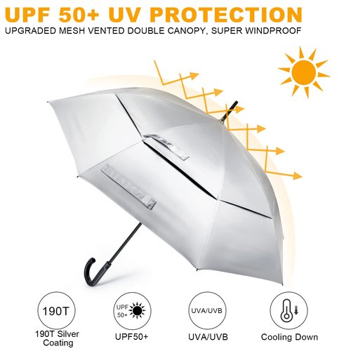 G4Free UPF 50+ 52 Inch UV Protection Umbrella, Automatic Open Hook Handle J Stick Golf Umbrellas for Rain, Sun & Wind Protection(Silver/Black)