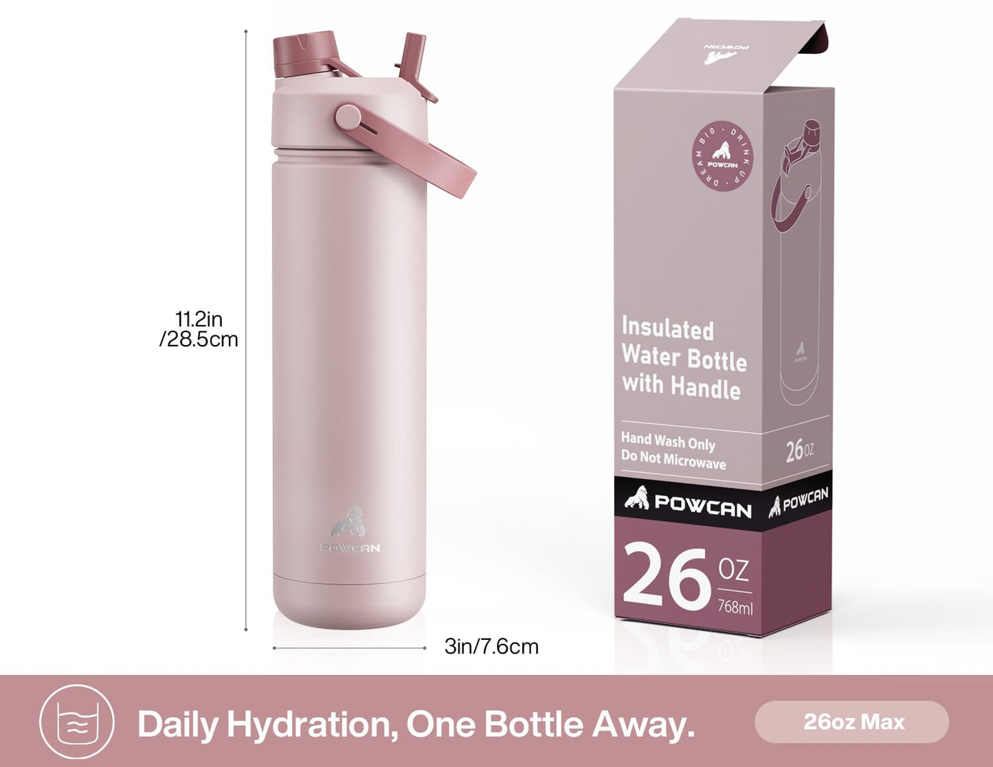 POWCAN 26 oz Insulated Water Bottle with 2-in-1 Straw and Spout Lid, Keep Cold 24H, Leak-Proof, Fits in Car Cup Holder, Stainless Steel Water Bottle for Gift, Holiday, Travel and School (Sweet Rosy)
