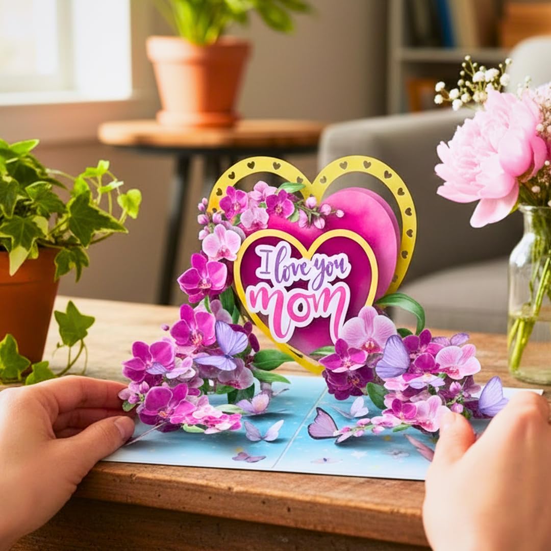 PIECE GIFT 3D Pop-Up Mother's Day Card - 'I Love You Mom' Orchid Flower Design | Premium Greeting Card with Envelope
