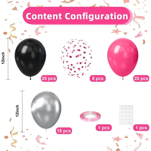 Black and Hot Pink Balloons, 60pcs 12Inch Black and Hot Pink Balloons,Metal Silver and Confetti Balloon for Girl Boy Birthday Party Baby Shower Wedding Gender Reveal Decorations
