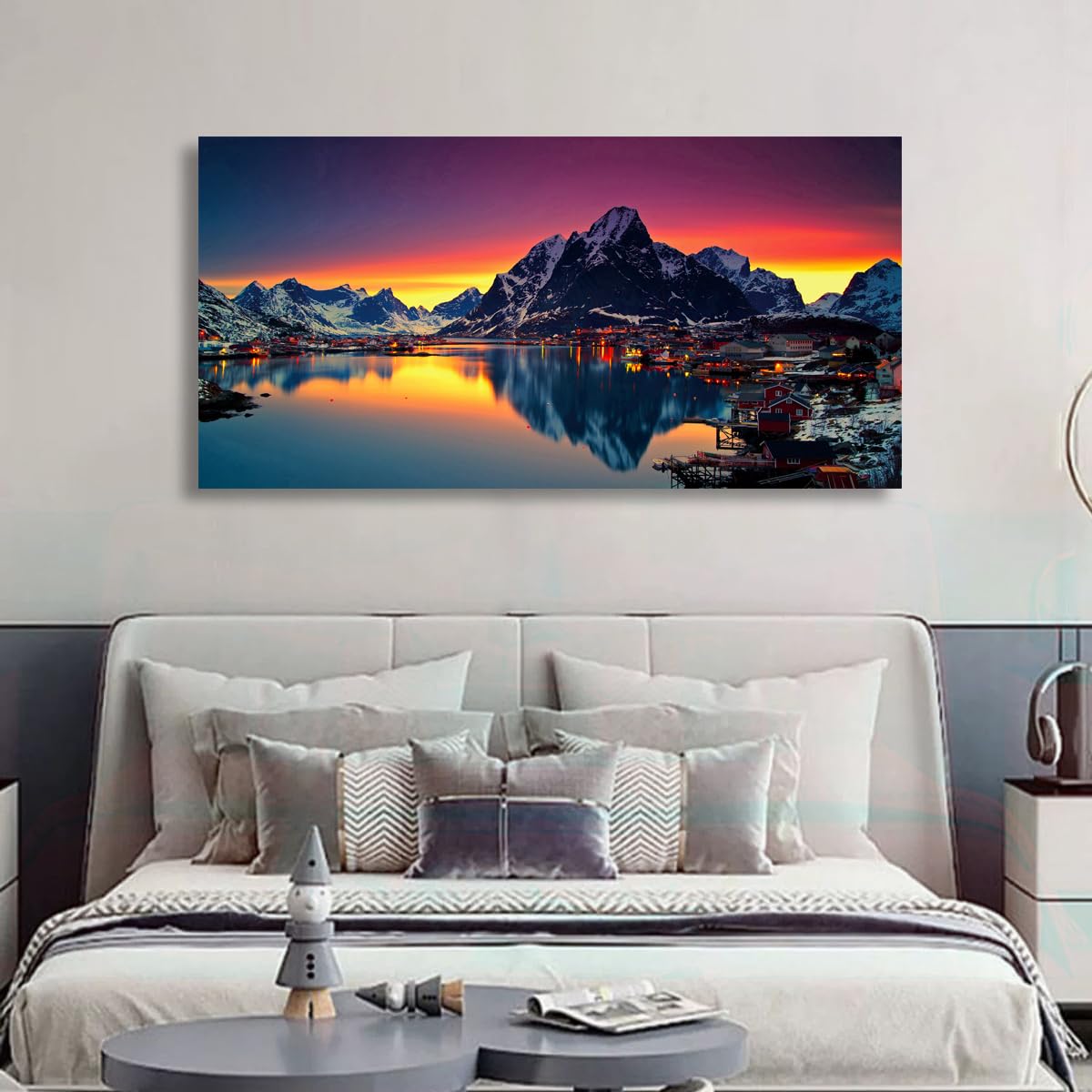 Lofoten Islands Norway Canvas Wall Art - 40"x20" Snowy Mountain Fjord Village Sunset Landscape Print, Waterproof Modern Wall Decor for Living Room Bedroom Office, Ready to Hang