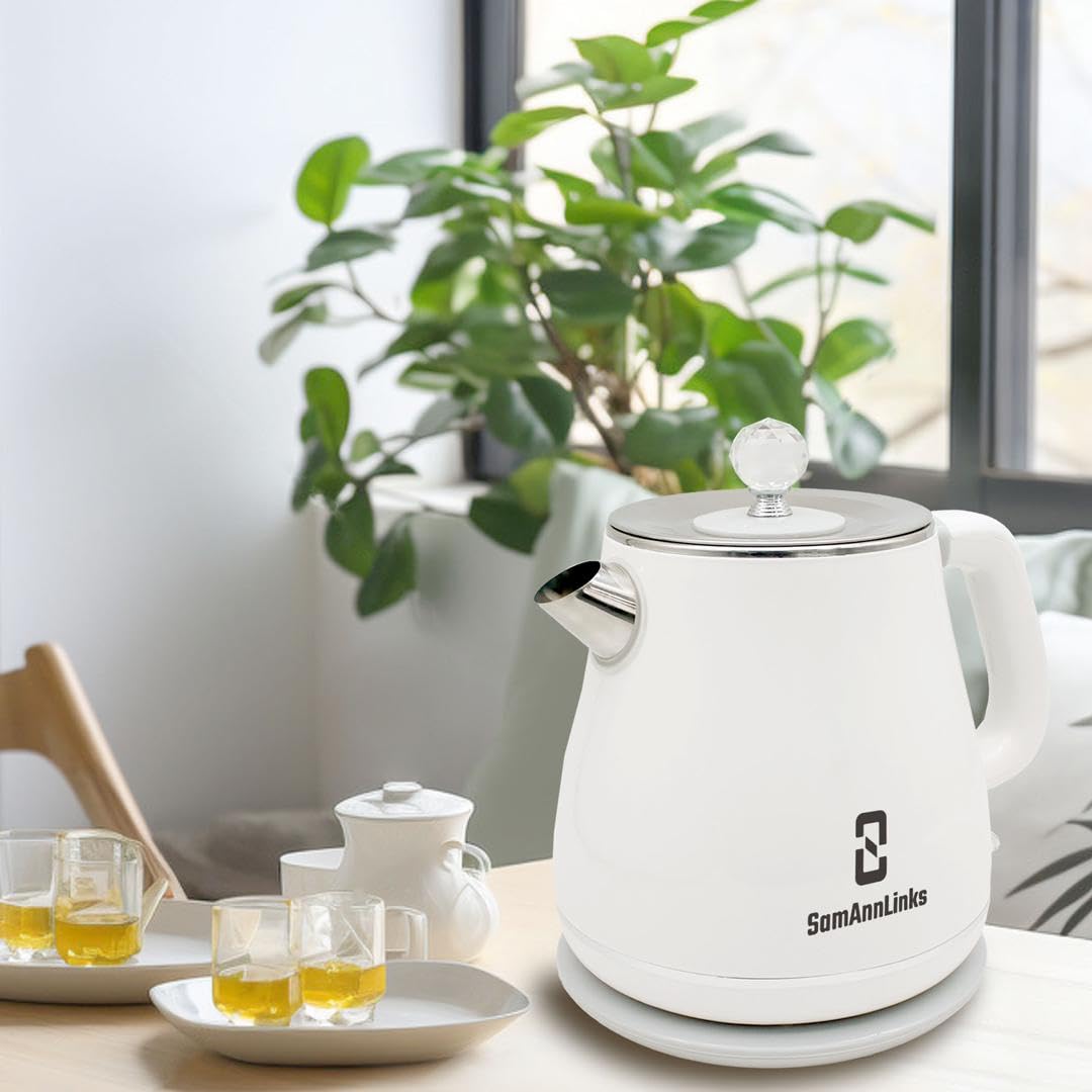 White 1.8L Electric Tea Kettle, Electric Kettle, Stainless Steel electric tea kettle for Fast Boiling Water, hot water Kettle, Double wall and Boil-Dry Protection with Auto-Shutoff.