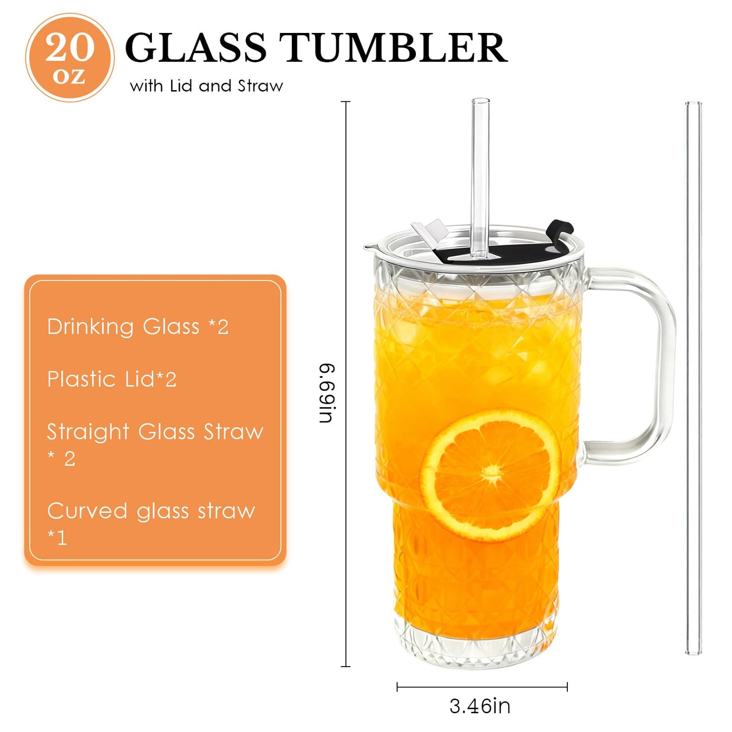 Snextek 18oz Glass Tumbler with Lid, Glass Straw & Handle, 2-Piece Set, Thickened for Iced Coffee, Smoothies, Cocktails, Home Office Travel (Gemstone)