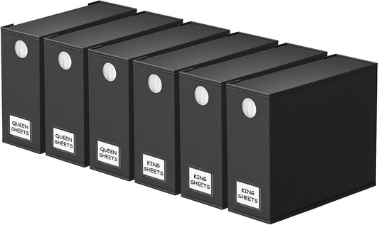 SpaceAid Bed Sheet Organizer - 6 Pack Foldable Storage with Window for Queen & King Size Bedding (Black)