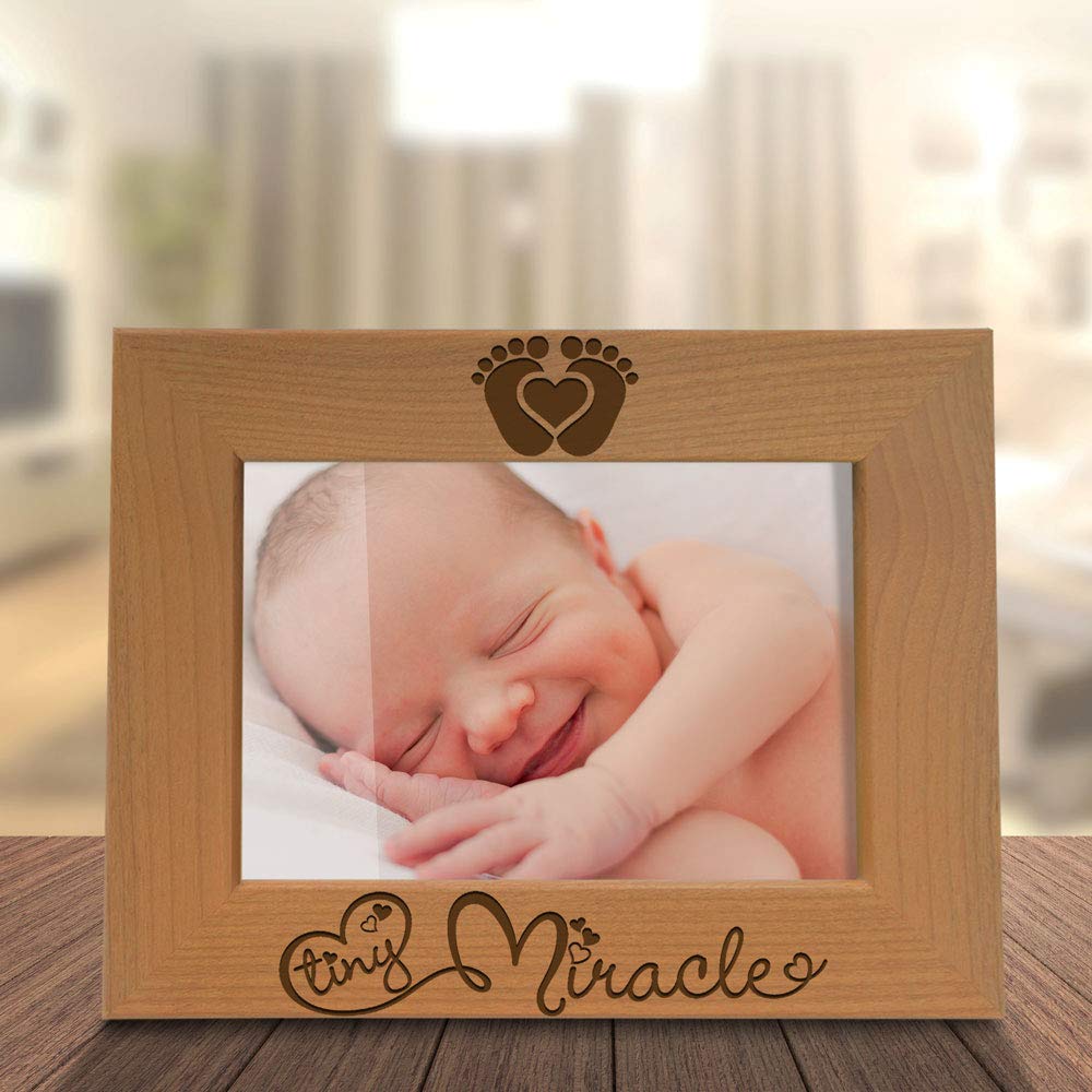 KATE POSH - Tiny Miracle Engraved Natural Wood Picture Frame, New Baby, New Dad & Mom, Parents Gift, Ultrasound, Sonogram, Baby Announcement