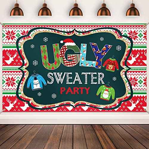 Blulu Ugly Sweater Party Supplies Large Fabric Red and Green Ugly Xmas Sweater Party Backdrop for Christmas Decoration Winter Elfed Photo Booth Background Banner