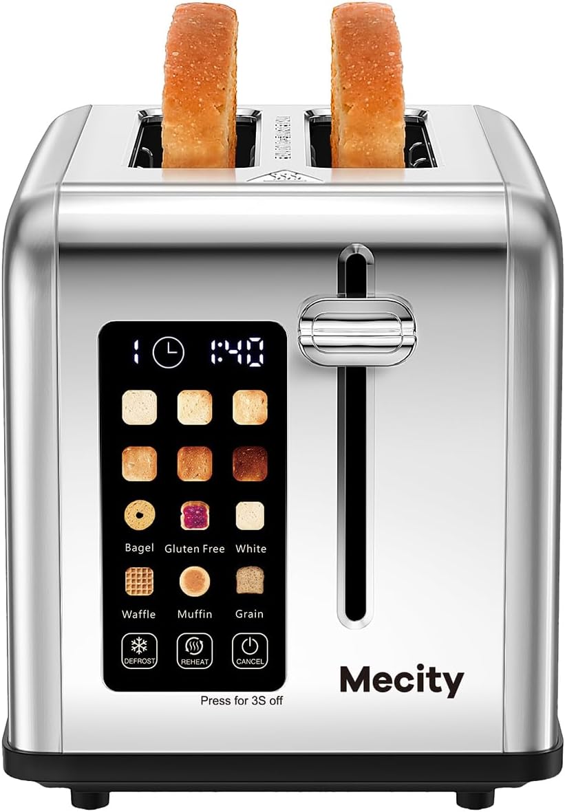 Mecity 2-Slice Stainless Steel Toaster - Touch Screen, 1.5" Wide Slots, Timer & Defrost Function