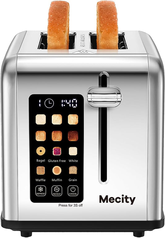 Mecity 2-Slice Stainless Steel Toaster - Touch Screen, 1.5" Wide Slots, Timer & Defrost Function