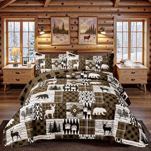 Bear Brown Reversible California King Quilt Set with Sham, Rustic Farmhouse Bedding
