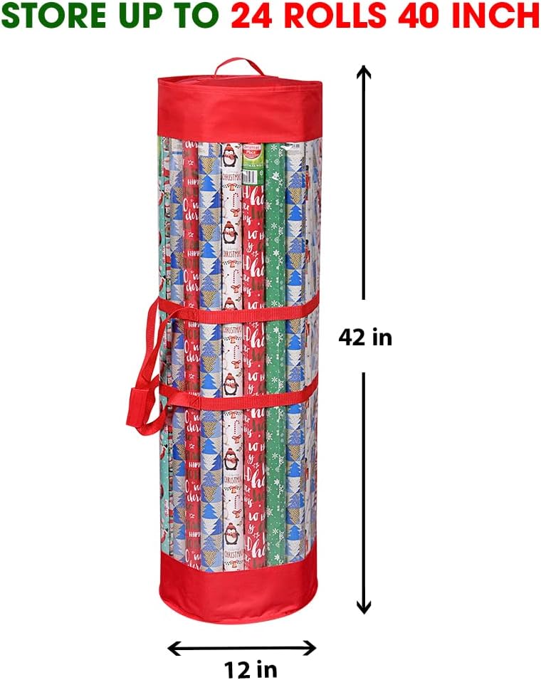 ProPik Gift Wrap Organizer - Heavy-Duty Wrapping Paper Storage Bag Holds 24 Rolls | 40-Inch Red & Clear