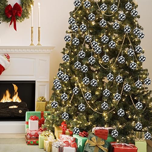 Phedrew 24pcs Buffalo Plaid Christmas Ornaments 2.4" White/Black Hanging Xmas Balls