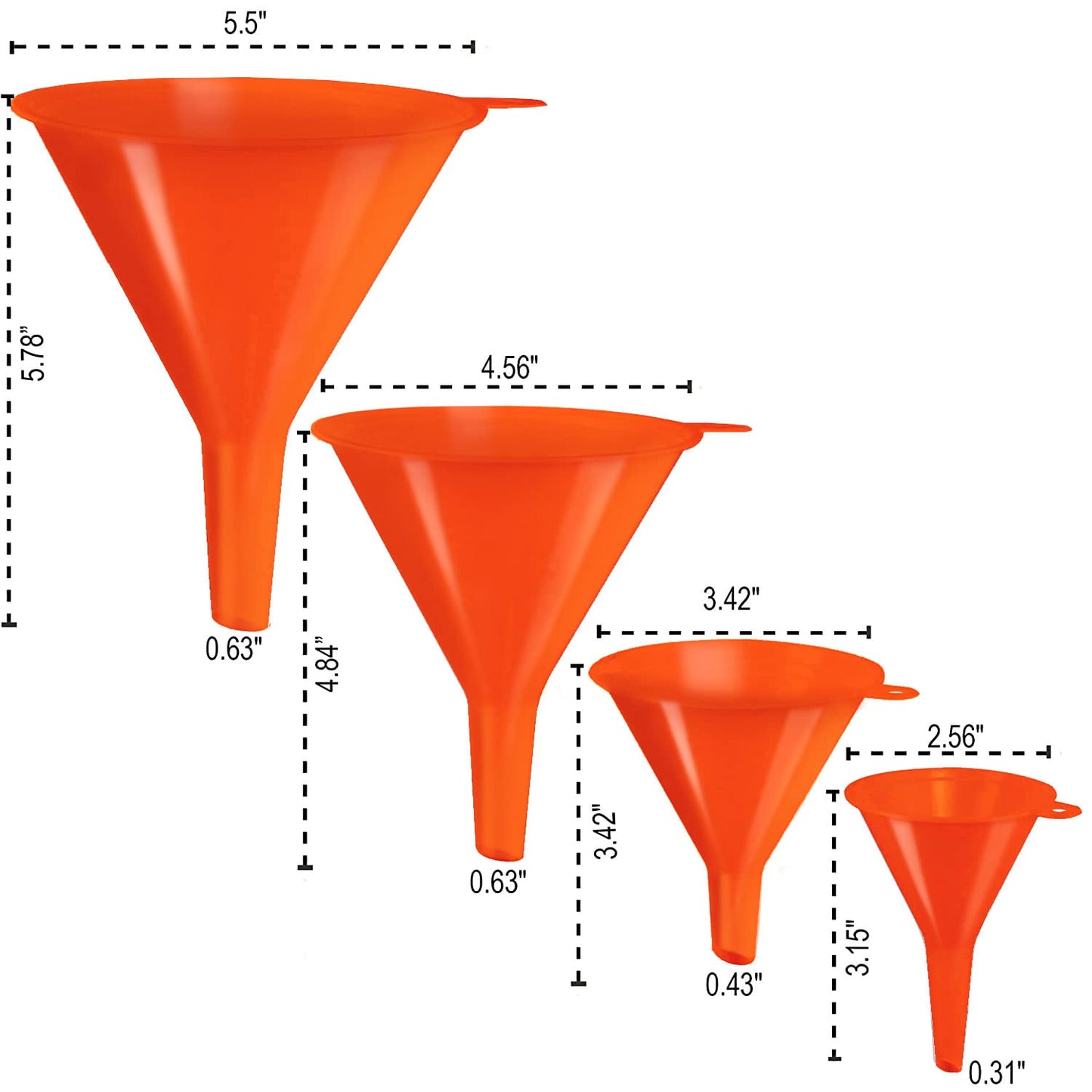 KarZone Oil Funnel Set (Orange, 4-Pack) – Plastic Funnels for Automotive Use – Funnels for Kitchen Use Filling Bottles and containers – Funnel for Water Bottles, Gas, Car Oil, Lubricants and Fluids