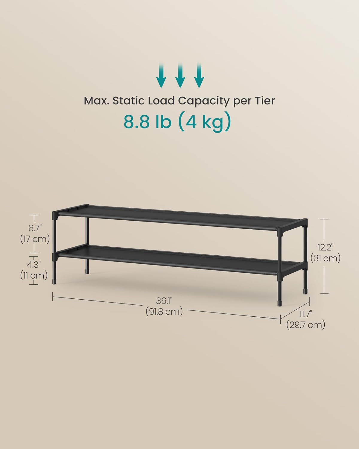 SONGMICS Shoe Rack - 2-Tier Space-Saving Organizer | Metal Frame, Non-Woven Fabric Shelves, Ink Black, 11.7 x 36.1 x 12.2 Inches