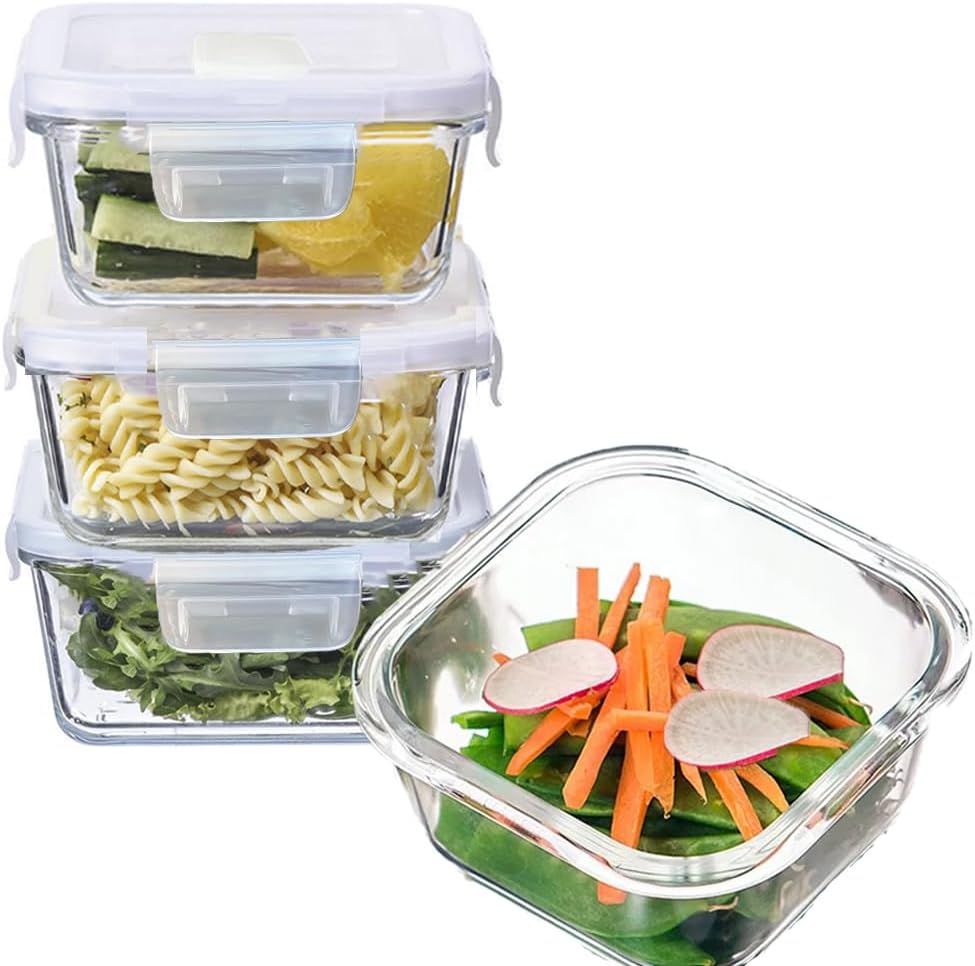 Skiennix 2-Cup Square Glass Food Storage Containers - Airtight, Leak-Proof, BPA-Free | Small 16oz Meal Prep Bowls