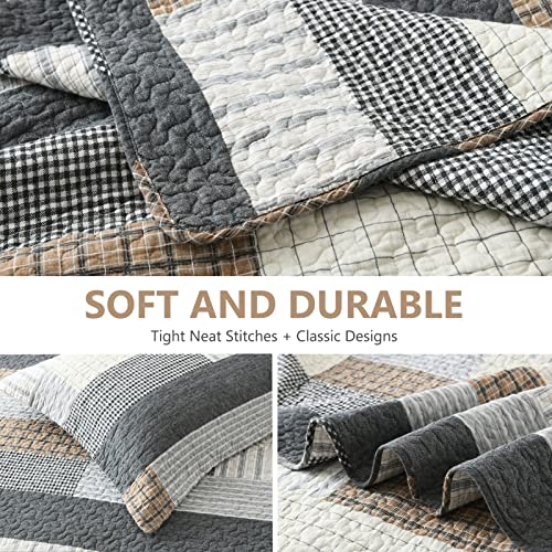Queen Size 100% Cotton Patchwork Quilt Set - Reversible Bedspread, Grey/Tan/Black, 3 Pieces by DUOHONG