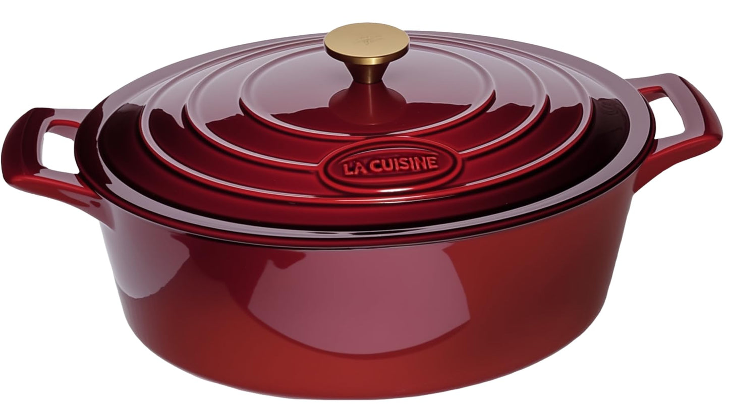 La Cuisine Enameled Cast Iron Oval Dutch Oven Casserole Dish Pot with Lid 5 QT Internal Matt Black Enamel Coating, Cranberry, Gold-Plated Stainless Steel Lid Handle, Oven Safe