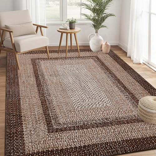 Brown Washable Geometric Rug 5x7 - Farmhouse Braided Print, Non-Slip, Low Pile