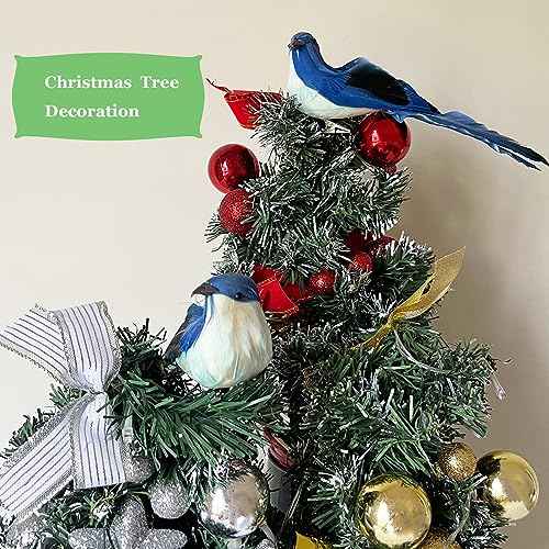 LWINGFLYER 2pcs Blue Birds Christmas Tree Decorations Clip on Ornaments 8-Inch Artificial Simulation Foam Bird Sparrow for Crafts Wedding Decor Party Accessories