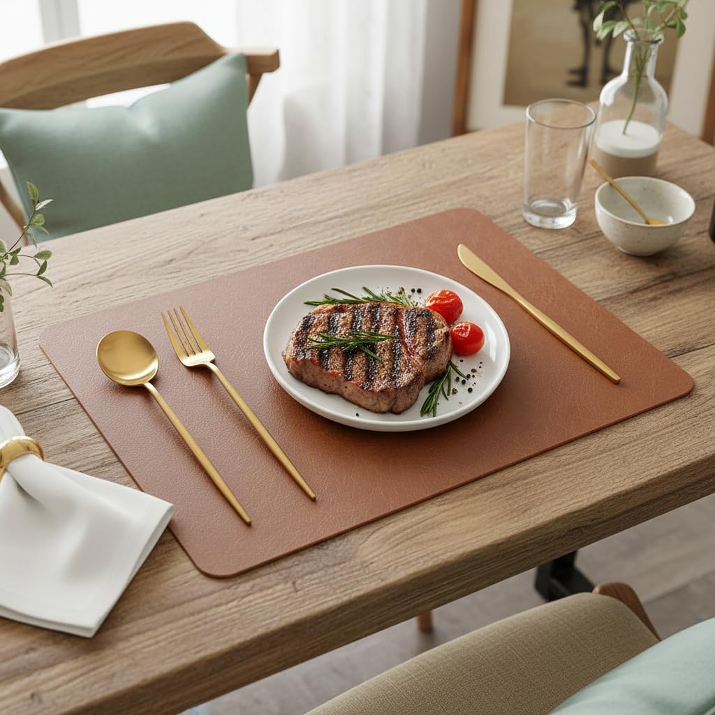 SHACOS Faux Cowhide Leather Placemats Set of 6, Wipeable Heat Resistant Table Mats, Stain Resistant Double Sided Reversible PU Place Mats for Dining Table Kitchen Restaurants, Brown and Blue