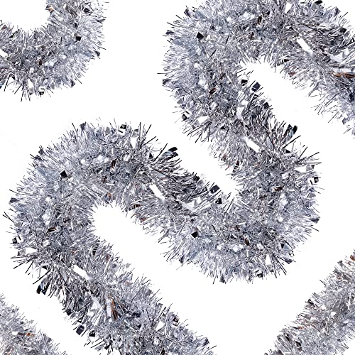 Sggvecsy Silver Christmas Tinsel Garland 49.2Ft Holiday Indoor Outdoor Decor