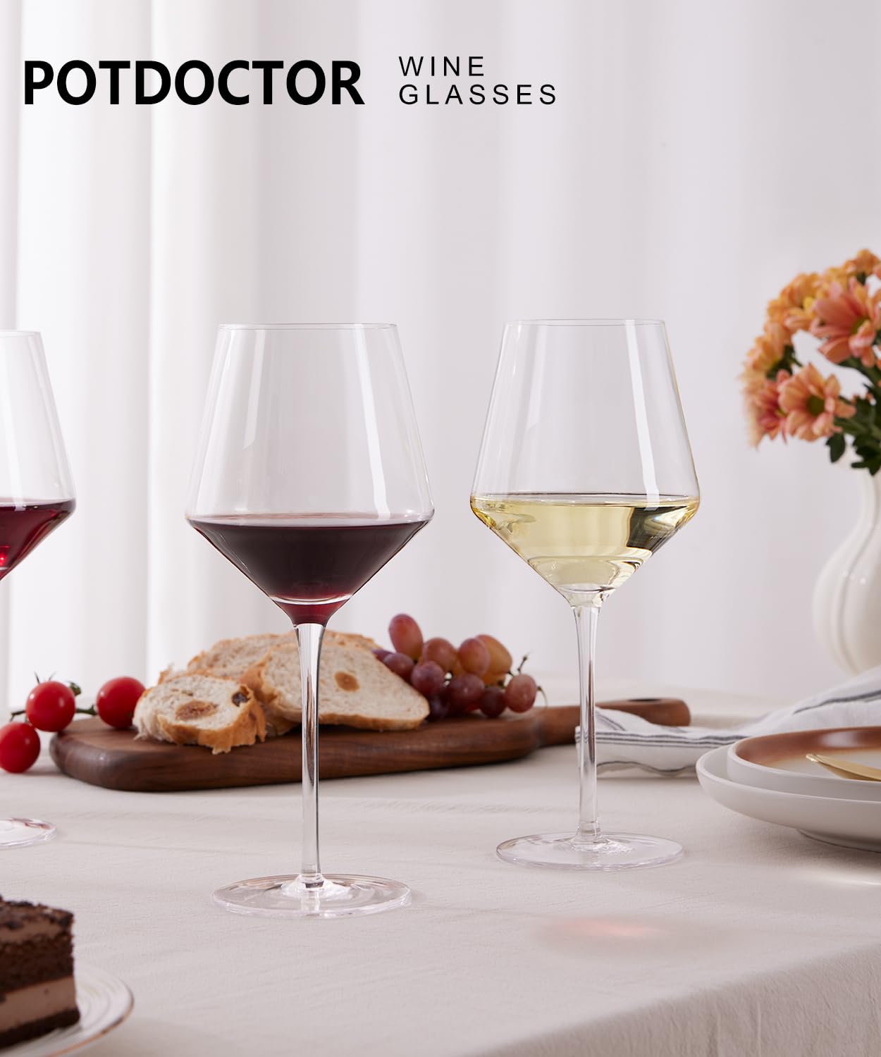 Potdoctor Red Wine Glasses Set of 4-18oz,White Crystal Hand Blown Wine Glass with Long Stem, Ultra-thin for Wine Tasting, Ideal for Anniversary, Birthday, Party