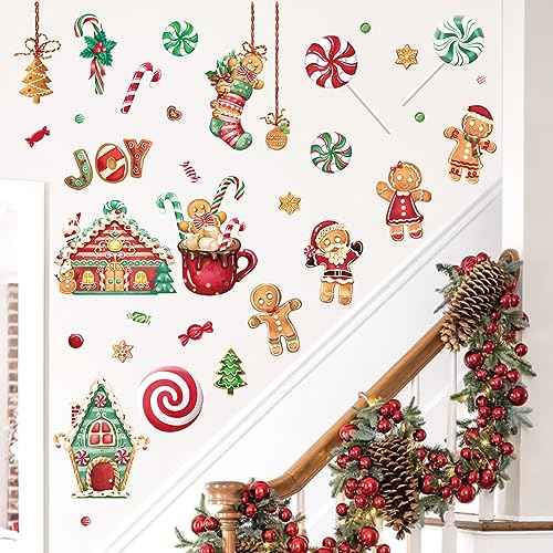 Wondever Gingerbread Man Wall Stickers - Peppermint Candy Cookie & Christmas Window Wall Art Decals for Party & Kitchen