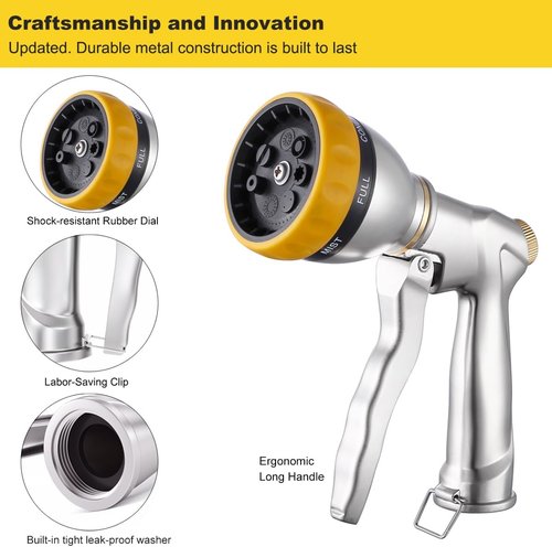 FANHAO Heavy Duty Metal Garden Hose Nozzle Sprayer - 7 Spray Patterns for Efficient Watering & Cleaning