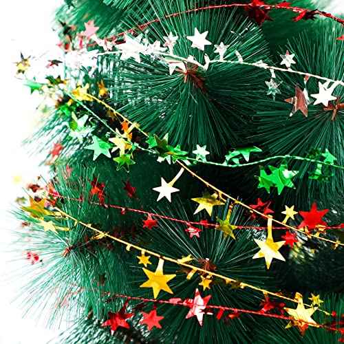 Boao 4 Rolls Christmas Star Wired Garland Xmas Metallic Glitter Star Tinsel Silver Golden Green Red Tinsel Garlands Christmas Tree Party Decorations, 98.4ft