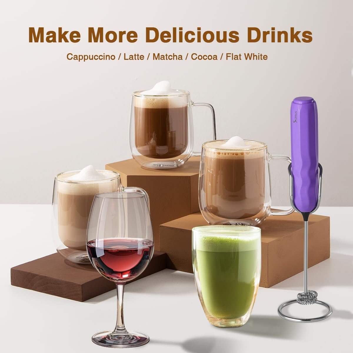 SUPRUS Ultra-Fast Handheld Milk Frother - Double Whisk with Stand & 2 Batteries | Stainless Steel for Lattes, Cappuccino, Matcha, and More