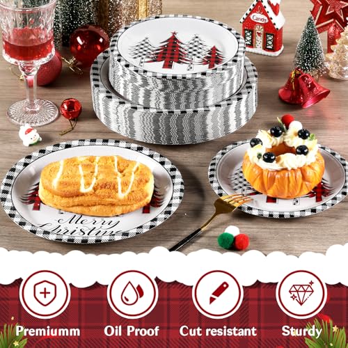 Homlouue 200Pcs Christmas Dinnerware Set — Red & White Tree & Plaid Plates + Napkins (50 Guests) Black & White Variant
