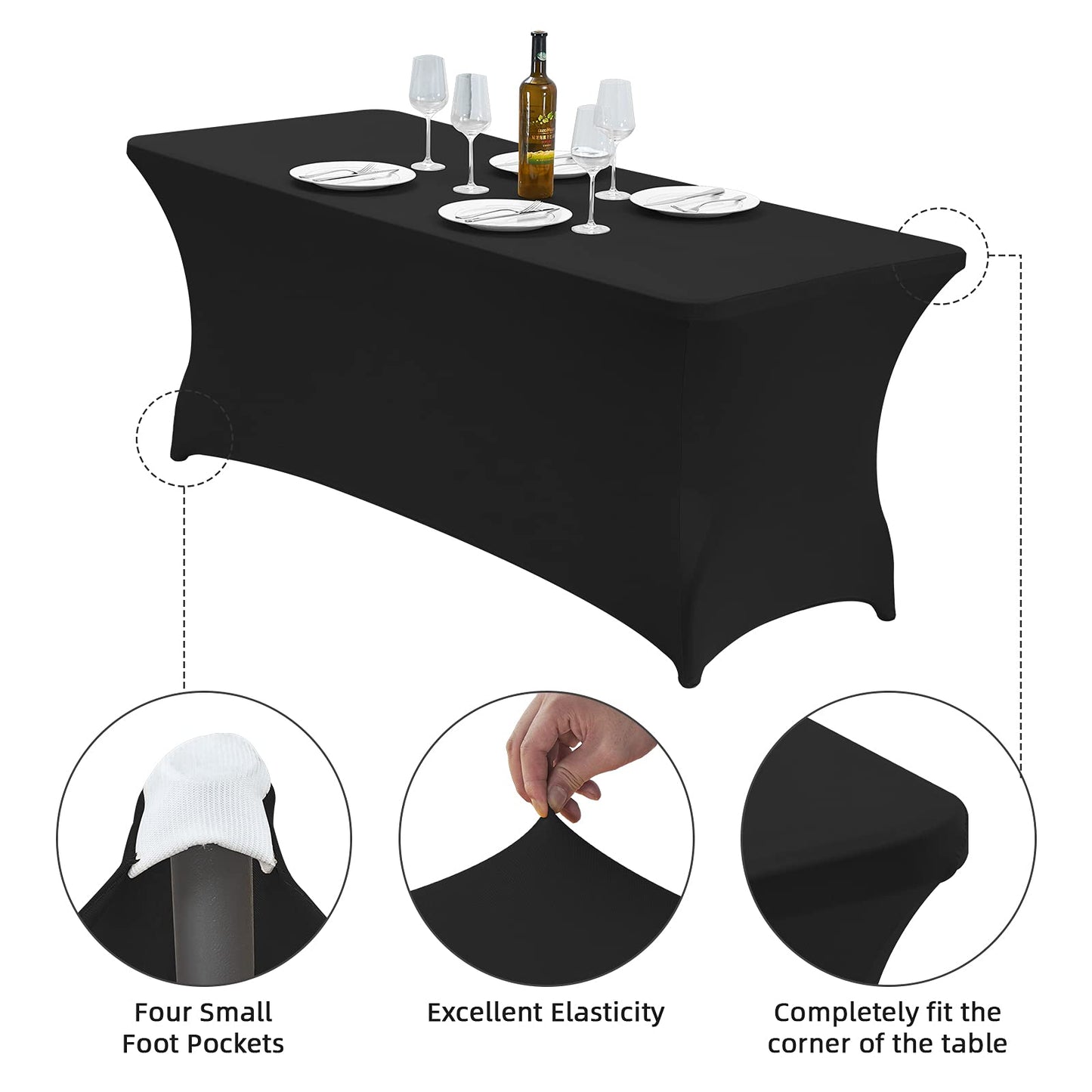 CWK 6FT 2Pcs Stretch Spandex Table Cover for Rectangular Tables - Elastic Fitted Tablecloth for Folding Tables, Wrinkle Resistant, Durable Table Protector for Parties,Weddings,Banquets &Events (Black)