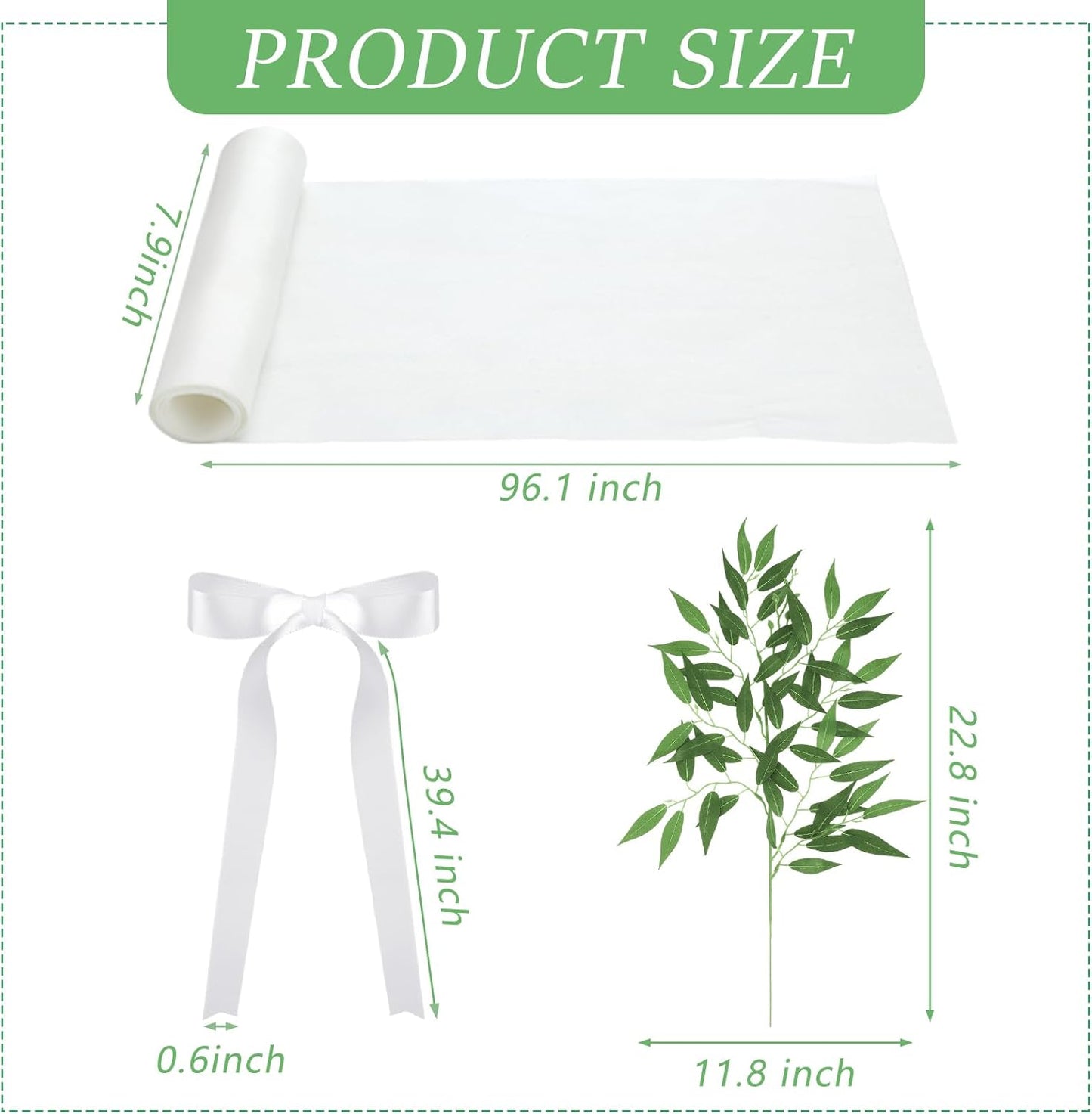 VitalCozy Wedding Aisle Chair Decorations - 12 Sets White Sashes with Artificial Ruscus & Chiffon for Ceremonies