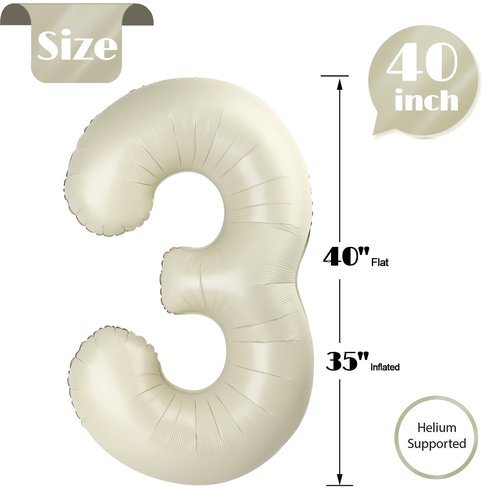 Cream 3 Balloon, Cream Number Balloons 40 Inch, 3rd Birthday Decorations for Kids Girls Boys, Men Women Party Supplies for Party Decorations, Number 3 Balloon