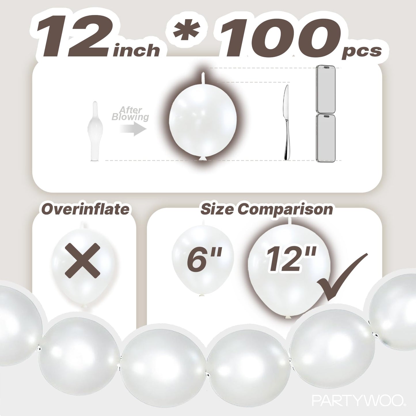 PartyWoo Pearl White Linking Balloons 100pcs 12 Inch White Link Balloon for Anniversary Retirement Wedding Graduation Baby Shower Birthday Gender Reveal Engagement Party Decorations White-W14
