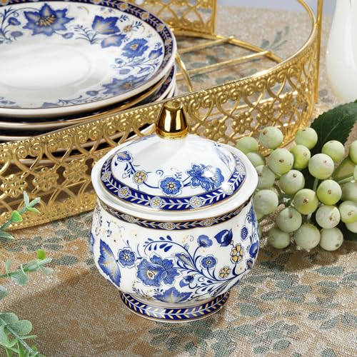 Fanquare Blue Vine Porcelain Tea Set for 6 with Teapot & Gold Rack, British Style