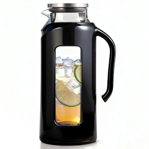 Delove Glass Pitcher with Lid & Shatterproof Shell – Heat-Resistant Borosilicate Glass Jug, 2 L/68 oz with Handle & Spout – Perfect for Iced Tea, Juice, Hot & Cold Water (Black)