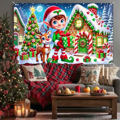 Merry Christmas Banner 71 x 43 in - Reindeer Elf Village Backdrop for Holiday Decor