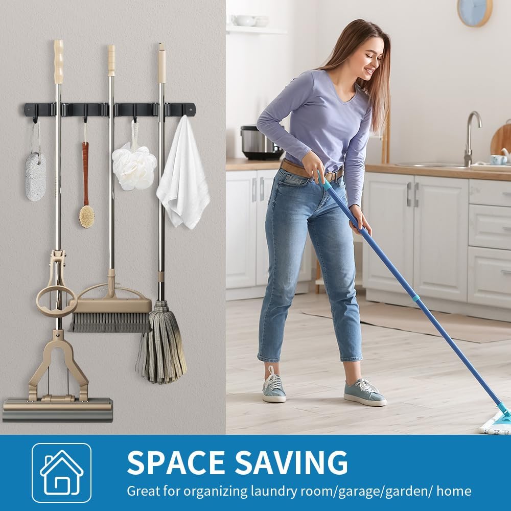 Stainless Steel Broom Hanger & Mop Holder | Heavy-Duty Garden Tool Organizer Rack - Matte Black, 2 Pack