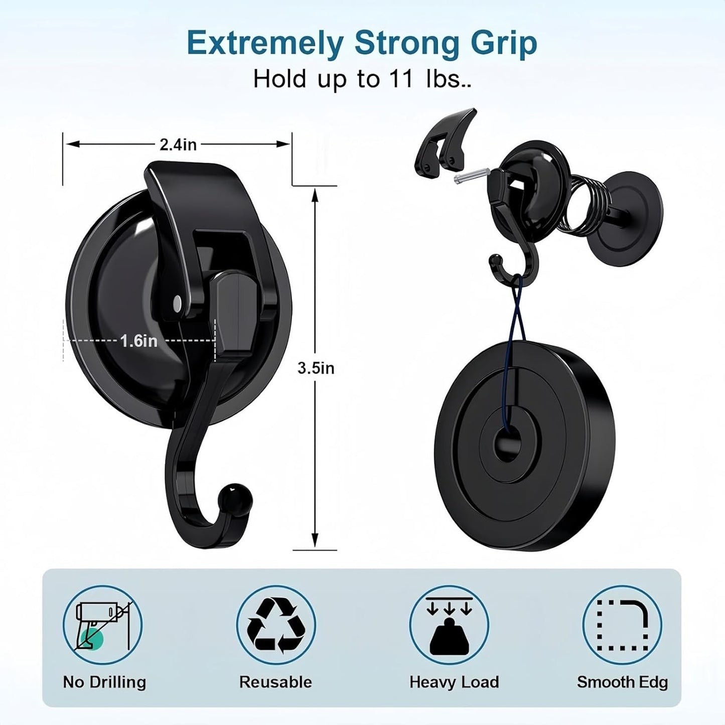 Skiennix Heavy Duty Vacuum Suction Cup Hooks - Easy Install No Hole Punching | Black (Set of 2)