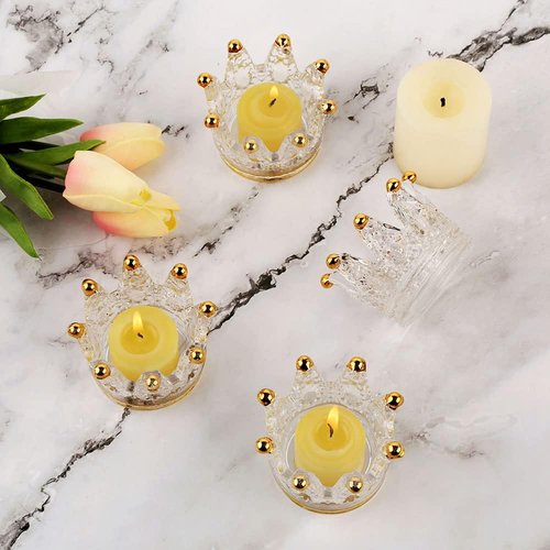 Crown Glass Tealight Candle Holders - Set of 12 Elegant Votive Holders for Weddings & Home Decor | Gold Finish