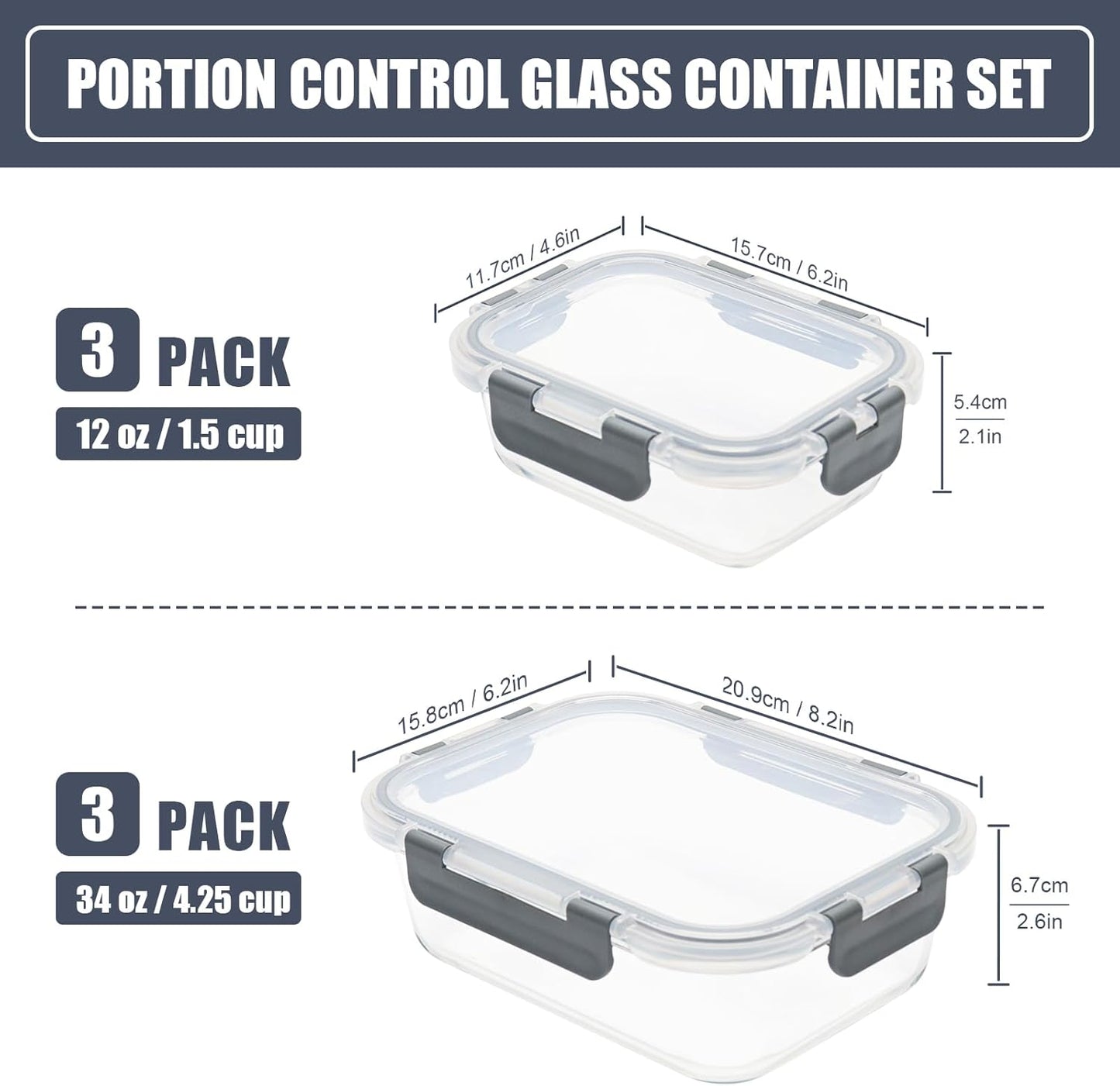 Skiennix Glass Food Storage Containers - 6 Pack Airtight Meal Prep Containers, BPA Free (Grey)