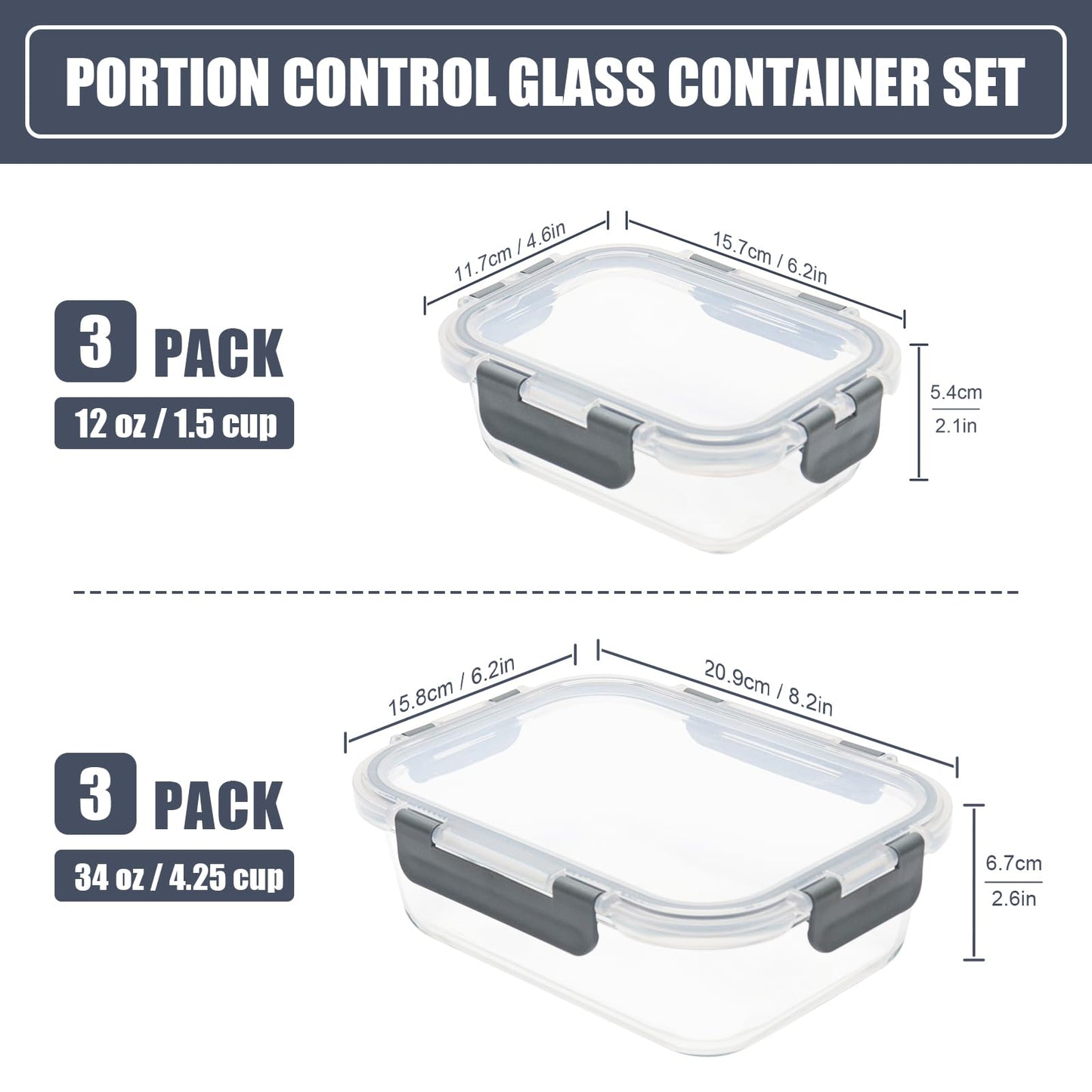 SOACOAKO 6 Pack Glass Food Storage Containers with Airtight Lids, Meal Prep Containers for Lunch, Leftovers, BPA Free (Grey)