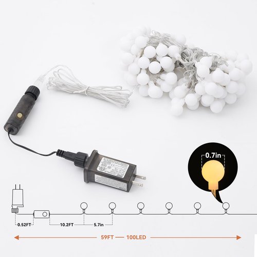 Dailyart Globe String Lights, 100Led 59FT Waterproof Fairy Lights Plug in 8 Modes with Remote Control, Brightness Adjustable &Timing String Lights Indoor Outdoor, Fairy Lights for Bedroom, Warm White