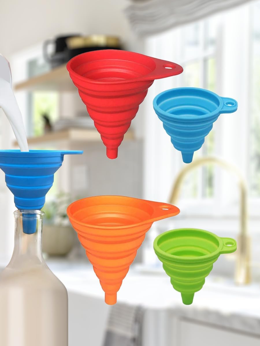 Skiennix Kitchen Funnel Set - 4 Pack of Foldable Silicone Funnels for Easy Liquid Filling - Food Grade