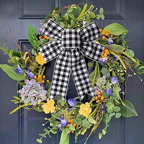 Black White Buffalo Plaid Bow Christmas Wreath Holiday Bowknot DIY Crafts Ornaments for Christmas Tree Topper Wedding Party Decorations, 10x12.6 in