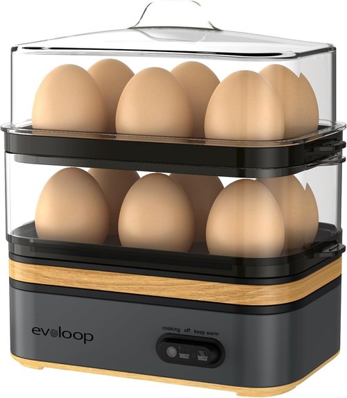 Evoloop Electric Egg Cooker - Rapid 12 Egg Capacity for Soft, Medium, Hard Boiled & Poached Eggs | BPA Free Grey