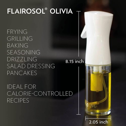 FLAIROSOL Olivia Signature Olive Oil Sprayer - Advanced Fine Mist Technology, Refillable Glass Bottle, 130ml (Golden Leaves)
